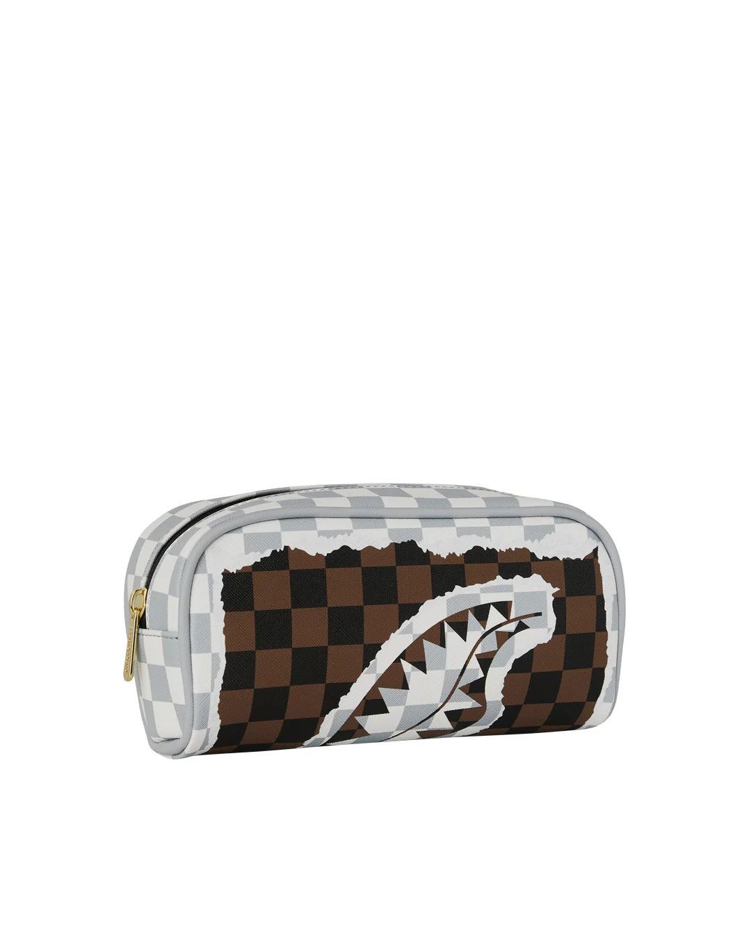Cream and brown tear check pouch from Sprayground, a children's accessory with a stylish check pattern and zipper closure.