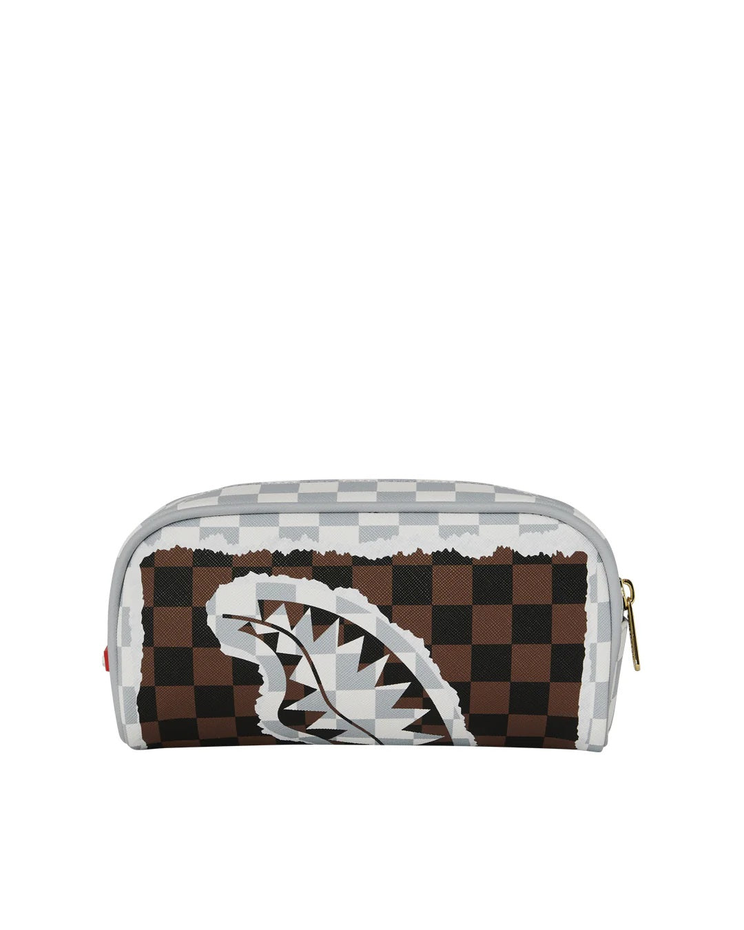 Cream and brown tear check pouch by Sprayground, a stylish accessory for children, featuring a compact, checkered design.
