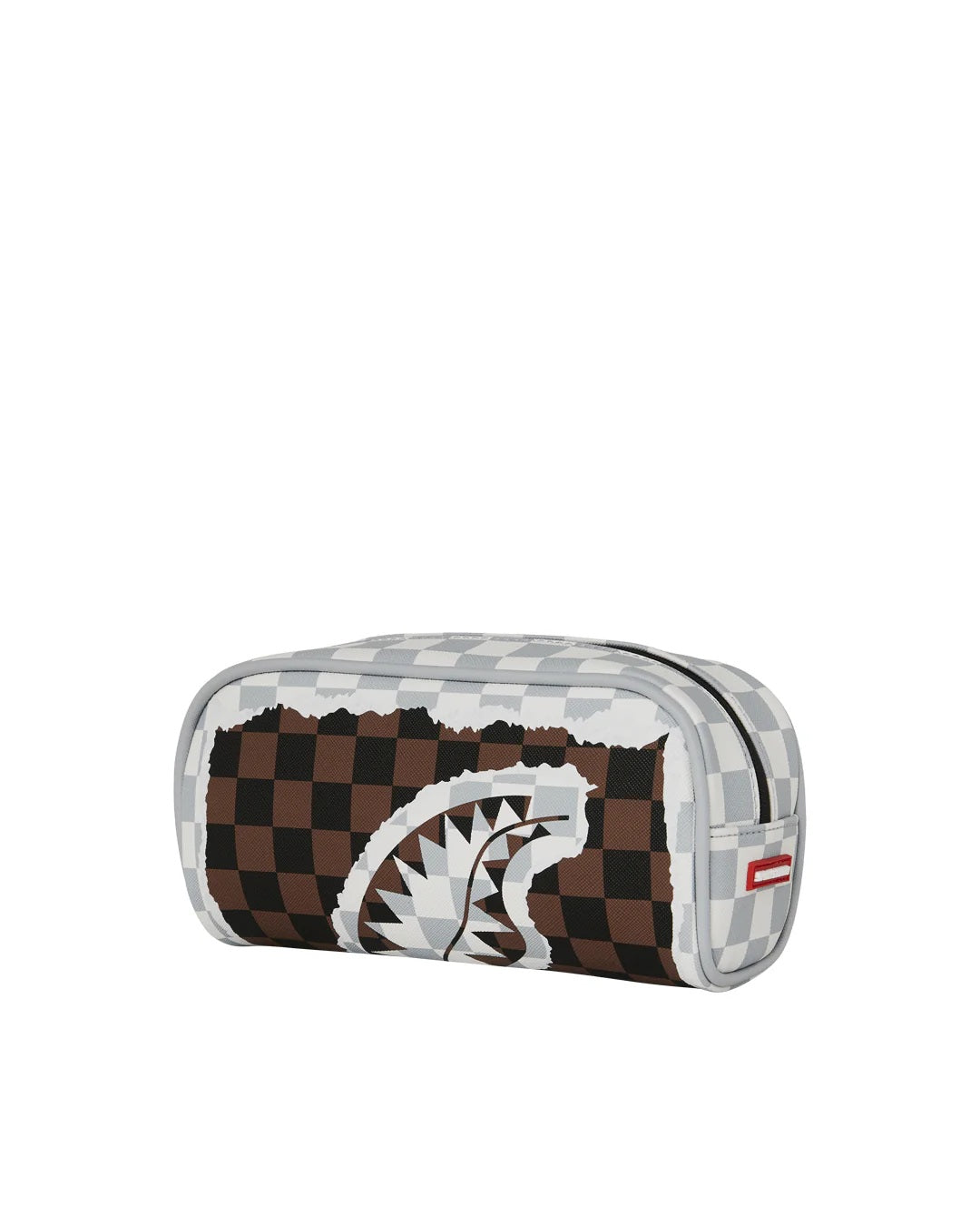 Cream and brown tear check pouch by Sprayground, a stylish children's accessory with a zipper closure and checkered pattern.