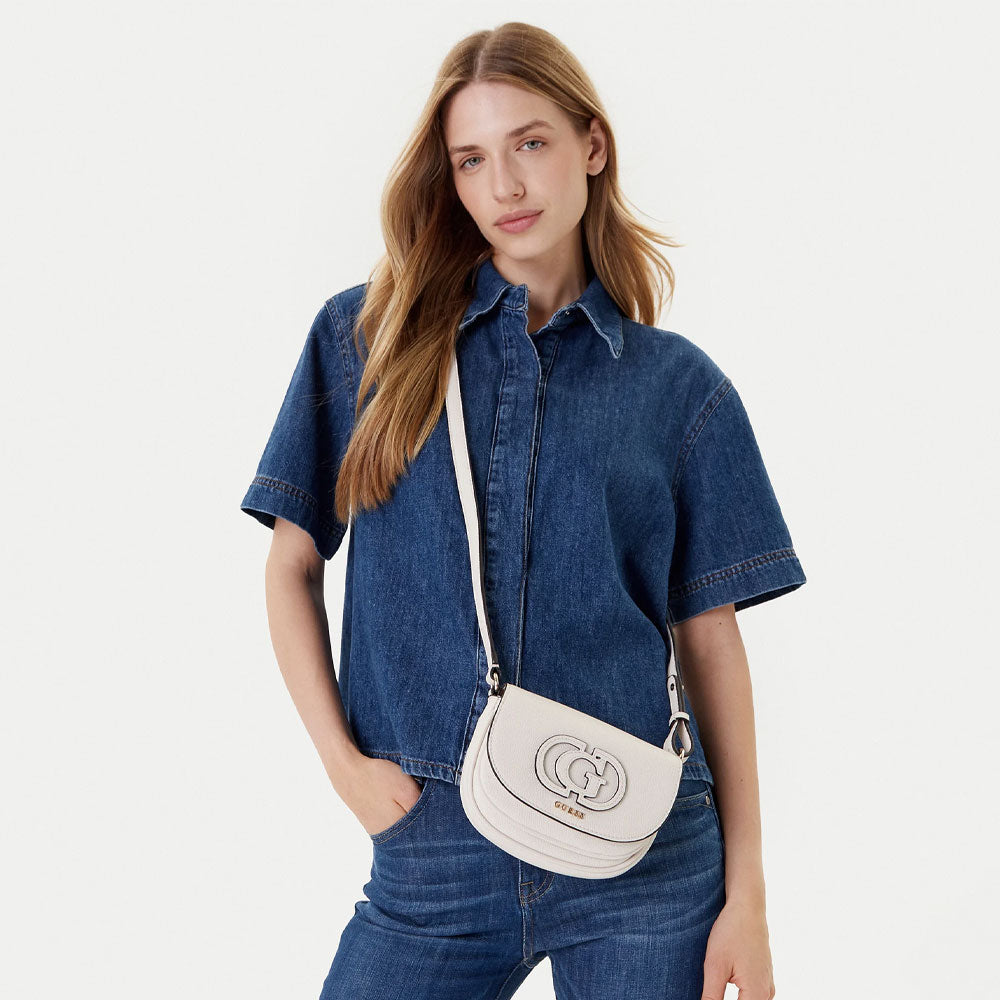 Mini Guess Calebra crossbody bag in black with a stylish design and adjustable strap, perfect for everyday use.
