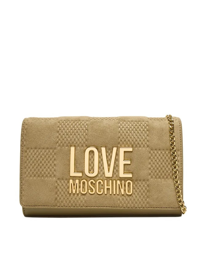 Mini crossover bag in black with gold accents by Love Moschino, featuring a stylish design and adjustable strap.