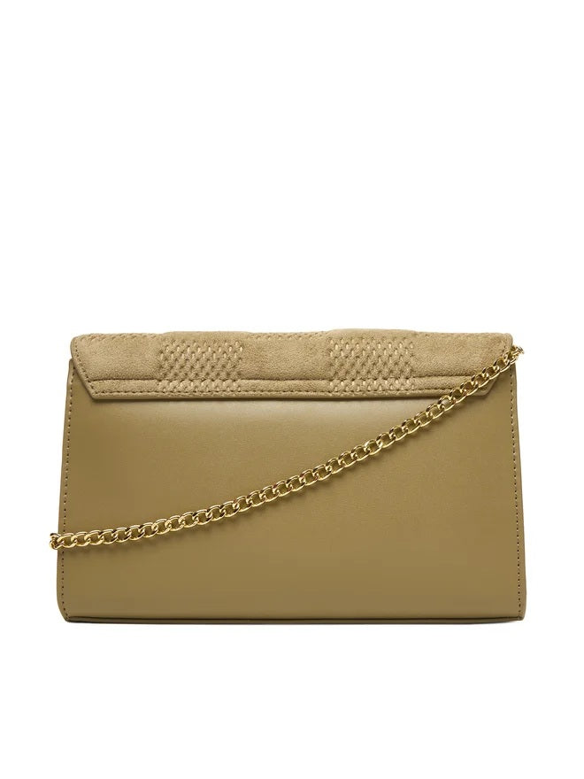 Mini crossover bag by Love Moschino in black with gold logo detailing and adjustable shoulder strap.