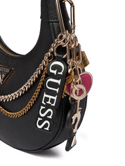 Black Guess Davina shoulder bag with gold-tone hardware, compact design, and adjustable strap for stylish everyday use.