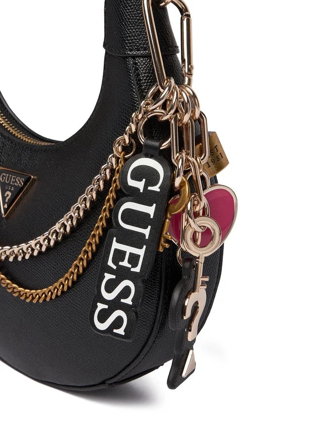 Black Guess Davina shoulder bag with gold-tone hardware, compact design, and adjustable strap for stylish everyday use.