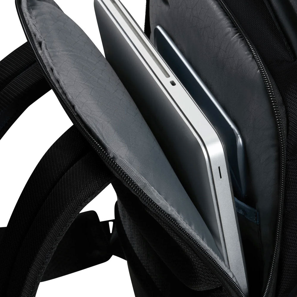Samsonite Evosight backpack with 14.1-inch laptop compartment, unisex design, black fabric, front zip pockets, and padded shoulder straps.
