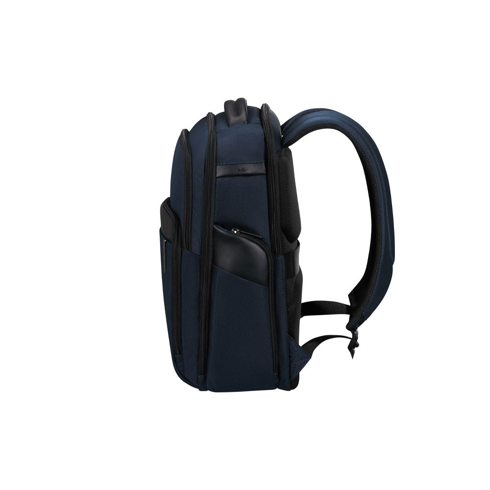 Samsonite Evosight unisex backpack with 14.1-inch laptop compartment, black design, sturdy straps, and multiple storage pockets.