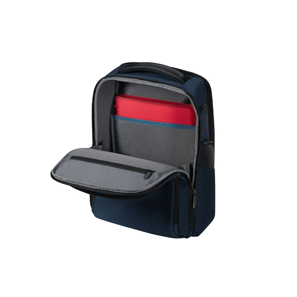 Evosight unisex backpack by Samsonite with a 14.1-inch laptop compartment, featuring black fabric and adjustable straps.