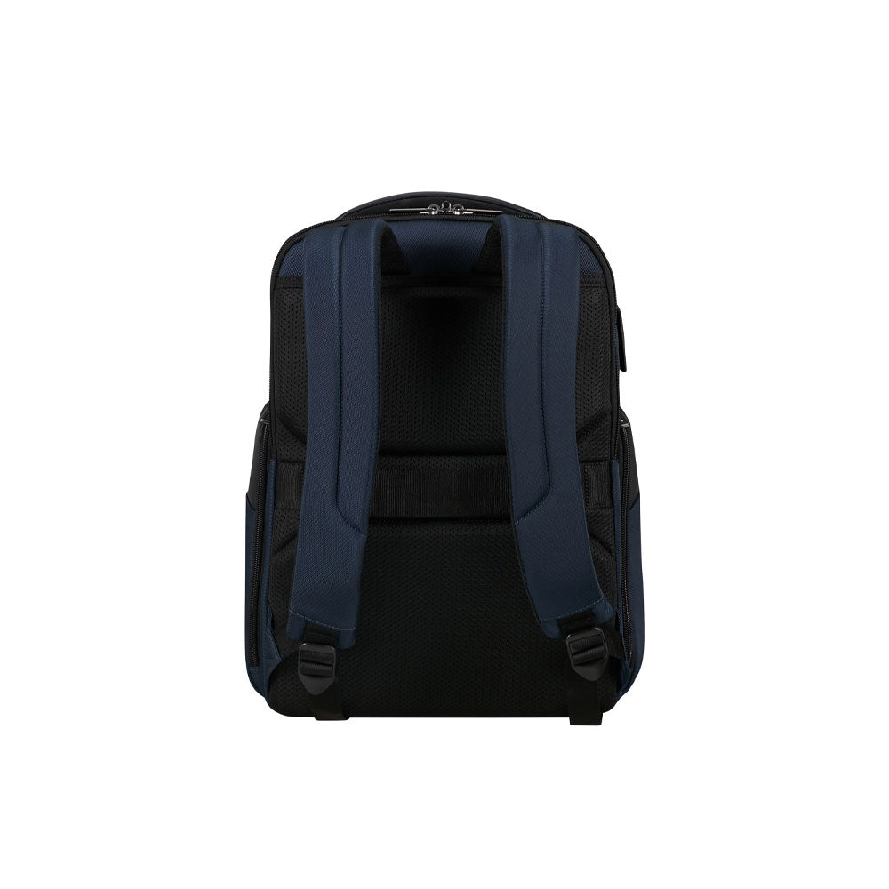 Samsonite Evosight backpack with 14.1-inch laptop compartment, unisex design, black fabric, multiple zippered pockets.