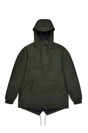 Unisex Rains fishtail jacket in waterproof material, featuring a sleek trench design with a hood and adjustable waist.