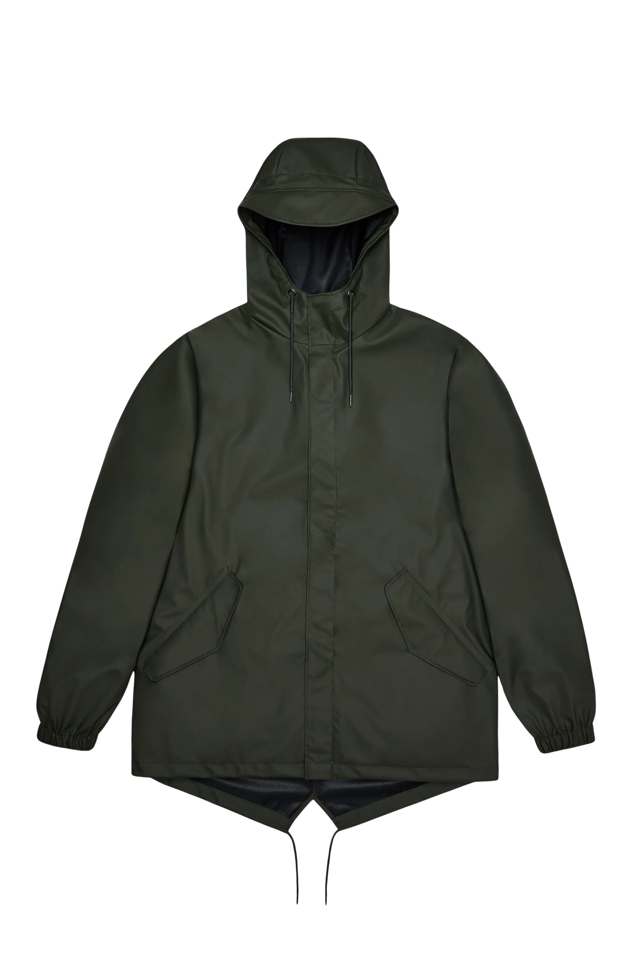Unisex Rains fishtail jacket in waterproof material, featuring a sleek trench design with a hood and adjustable waist.