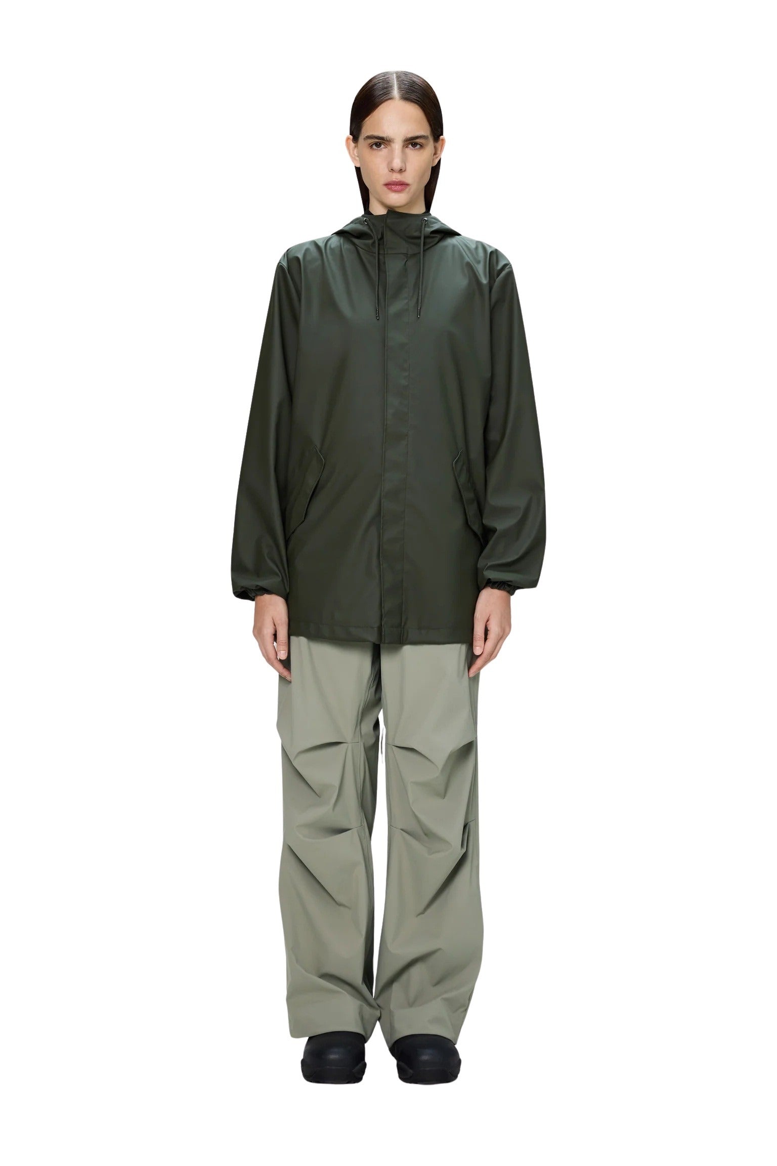 Unisex Rains fishtail rain jacket with waterproof fabric and adjustable hood, stylish trench coat for rainy weather.