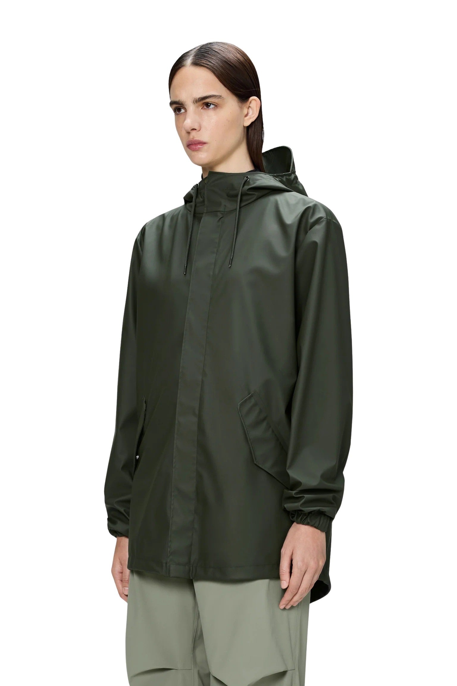 Unisex Rains fishtail jacket in waterproof material, featuring a sleek design and adjustable hood for rain protection.