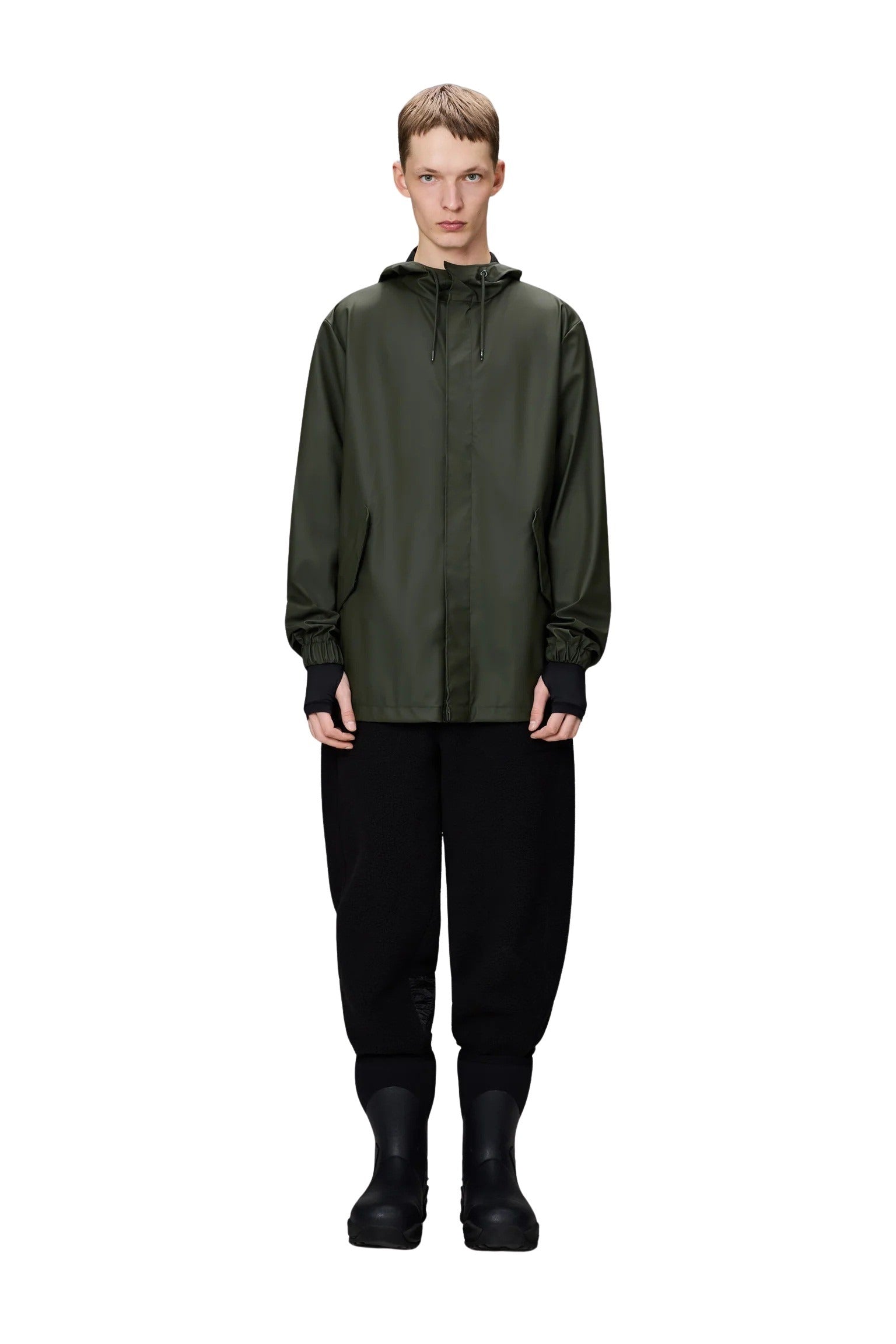 Unisex Rains fishtail jacket in waterproof material with a sleek design, suitable for rain protection and stylish wear