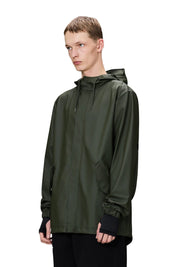Unisex Rains fishtail jacket in waterproof material, featuring a sleek trench design and hood for rainy weather protection.