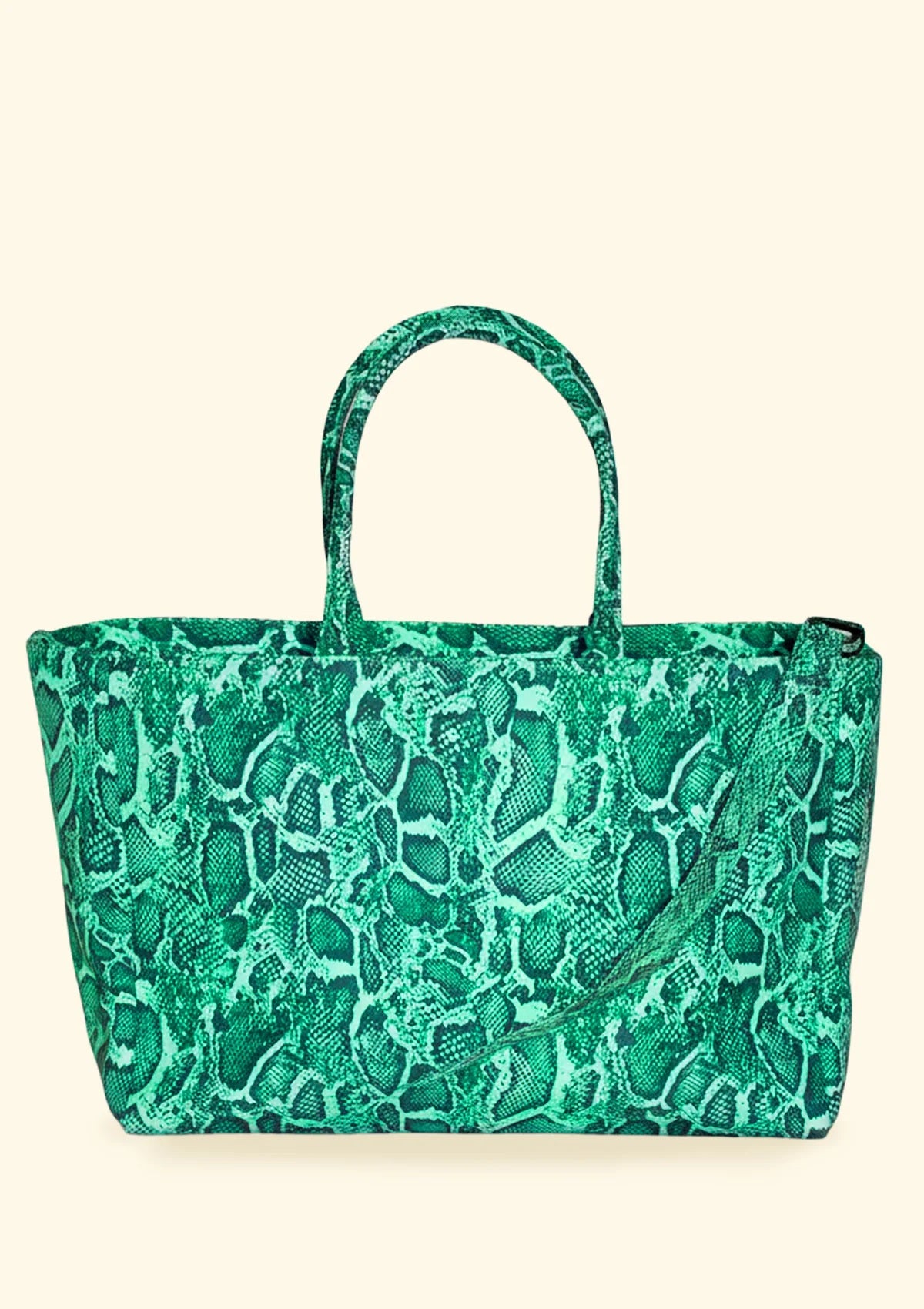 Borsa mare F**K verde con stampa pitonata, doppi manici e tracolla removibile.