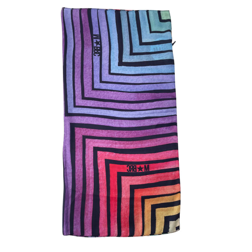 Multicolored striped M BRC foulard draped elegantly, showcasing soft fabric and stylish design for women's accessories.