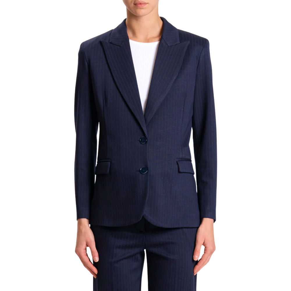 Giacca gessata Vicolo da donna, con design elegante e dettagli sofisticati, su sfondo neutro.
