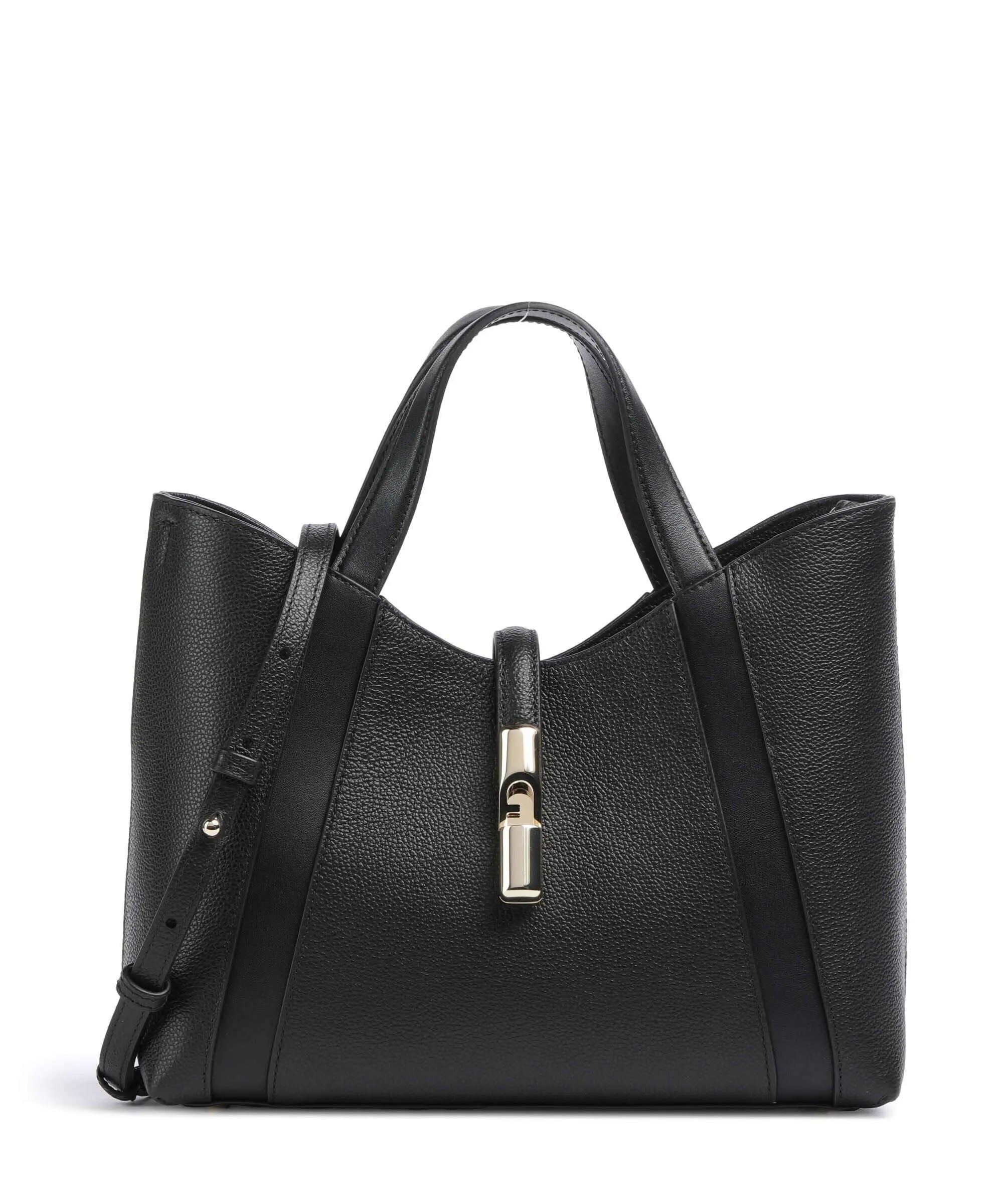 Furla Goccia S Tote Furla handbag with fur accents, black leather, and structured design for stylish women's accessory.