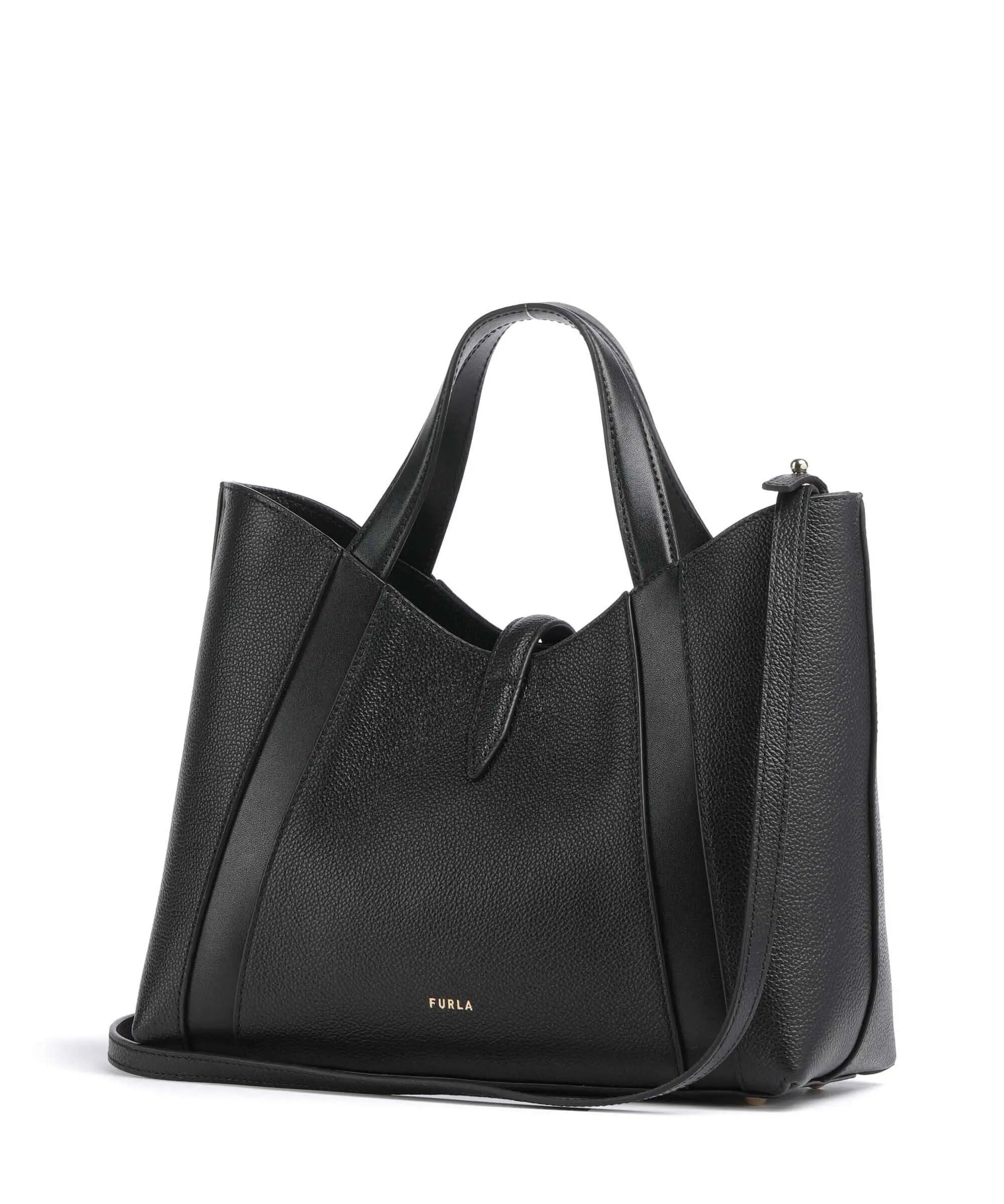 Furla Goccia S Tote Furla handbag in brown leather with gold accents, featuring a structured design and top handles.