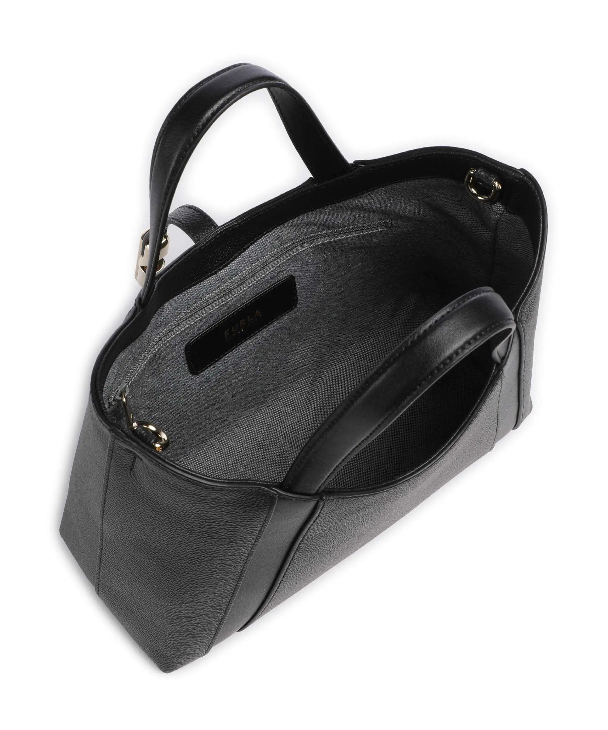 Furla Goccia S Tote Furla handbag in black leather with gold hardware, featuring a structured shape and top handles.