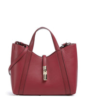 Furla Goccia S tote bag with fur detail, stylish women's handbag in black leather with top handles and sleek design.