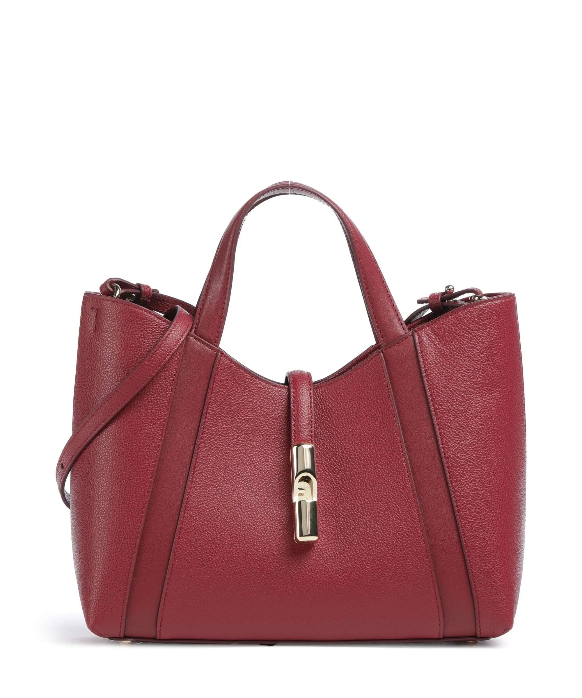 Furla Goccia S tote bag with fur detail, stylish women's handbag in black leather with top handles and sleek design.