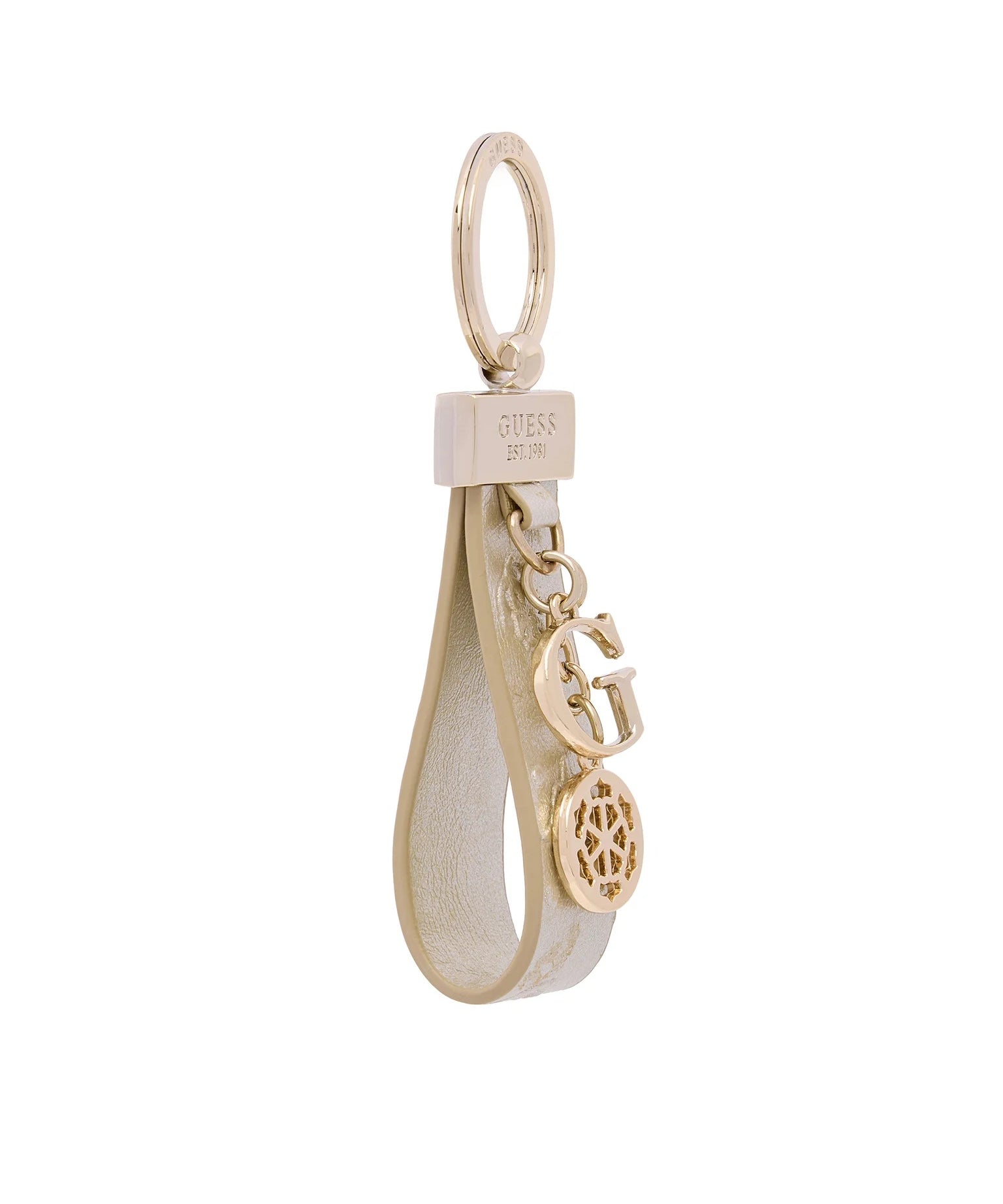 Guess keyring accessory with branded metal charm and decorative details, designed for women's key organization.