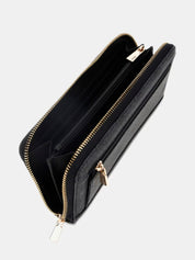 Large zip-around wallet in black leather by Guess, featuring multiple card slots and a stylish logo design.