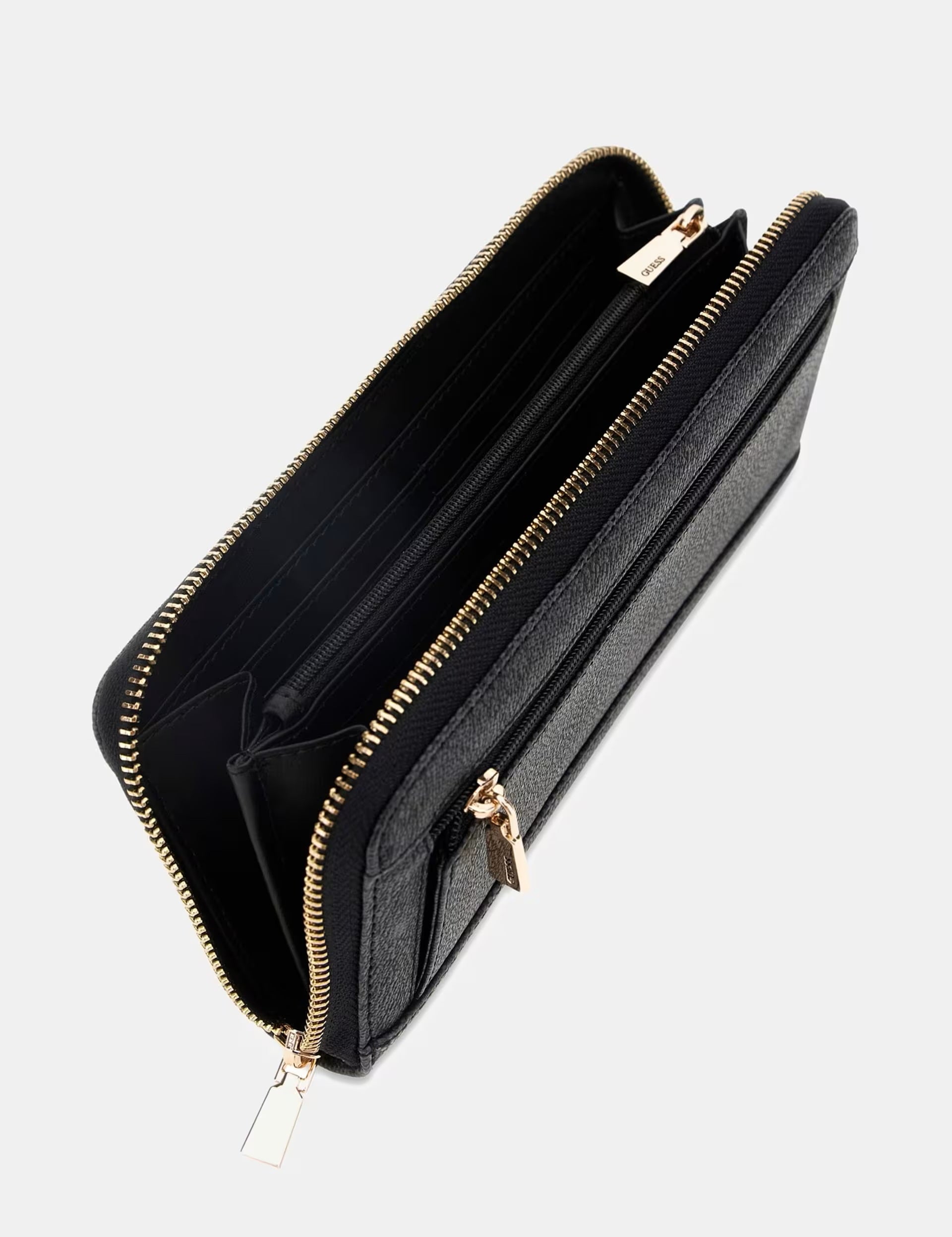 Large zip-around wallet in black leather by Guess, featuring multiple card slots and a stylish logo design.