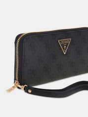 Large zip-around wallet by Guess in black with embossed logo and multiple compartments for cards and cash.