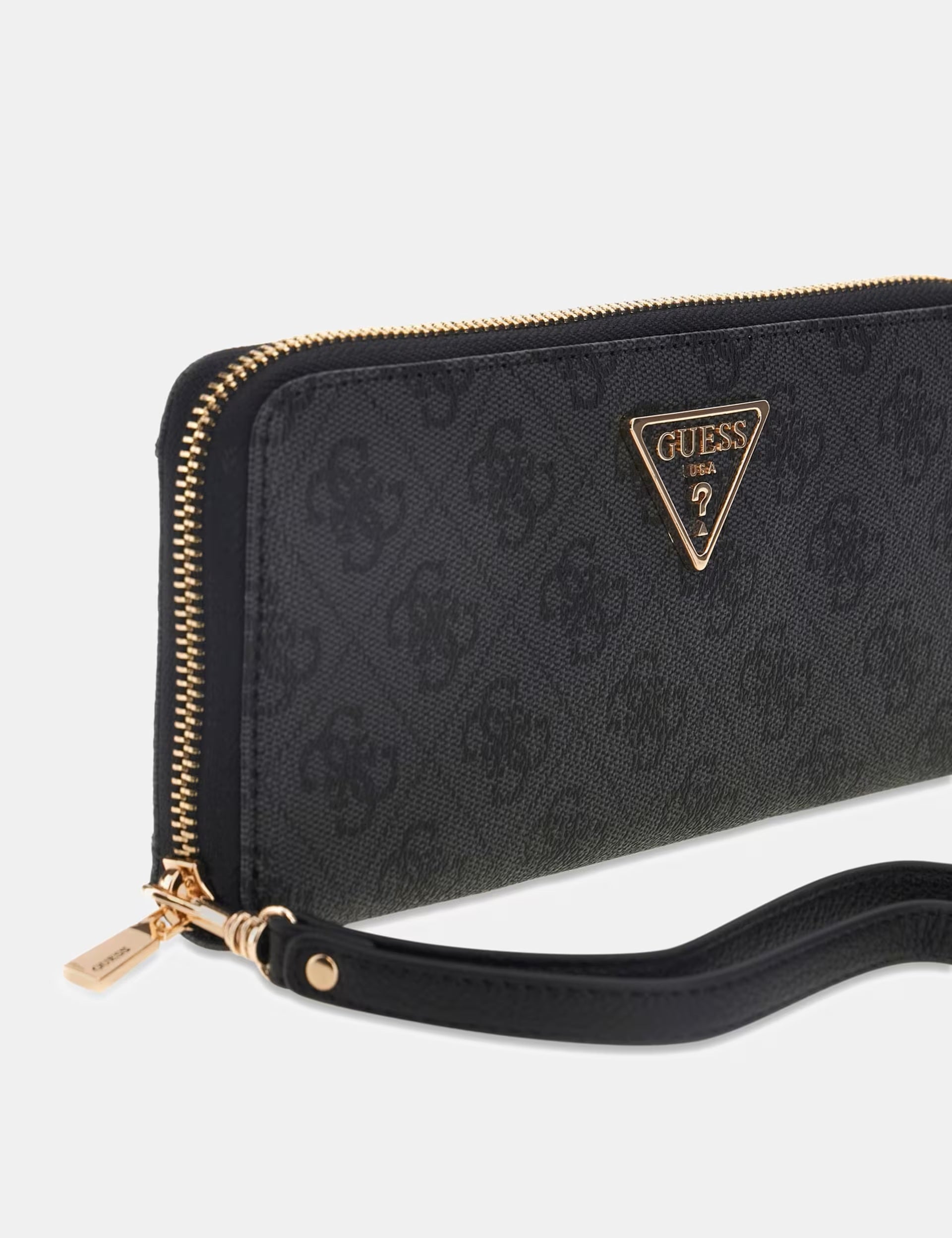 Large zip-around wallet by Guess in black with embossed logo and multiple compartments for cards and cash.
