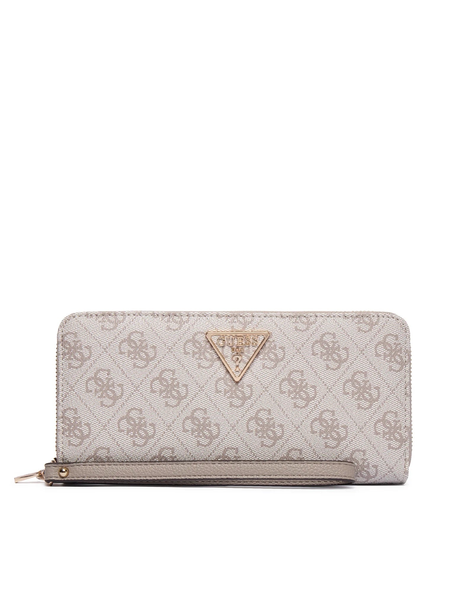 Large zip-around wallet in black leather by Guess, featuring multiple card slots and a sleek design.