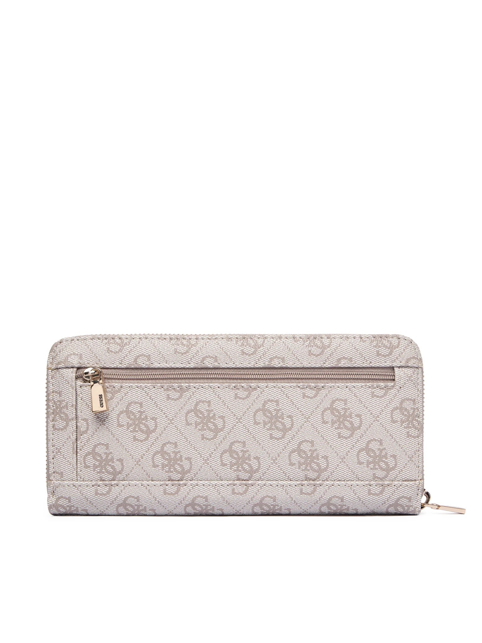 Large zip-around wallet in black leather by Guess, featuring multiple card slots and a stylish design.