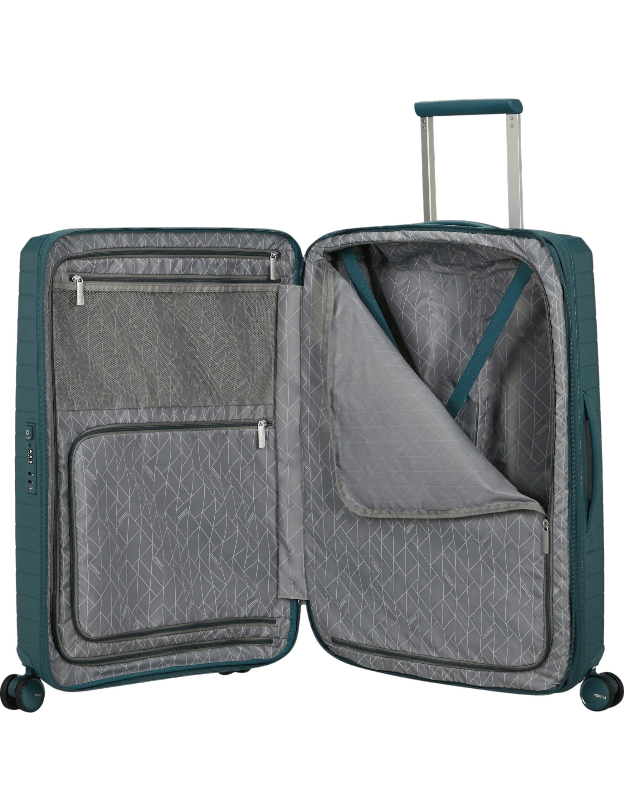 Medium American Tourister FastForward Exp trolley bag with sturdy handle and wheels, designed for versatile unisex travel use.