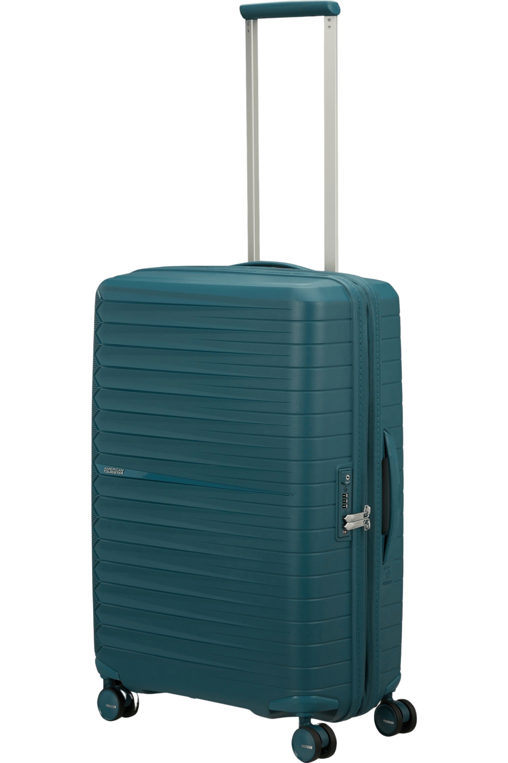 Medium American Tourister FastForward Exp trolley bag with four wheels and retractable handle, designed for unisex travel.