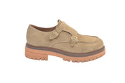 Emanuelle Vee Indira women's moccasins in neutral beige with stitched detailing and comfortable slip-on design.