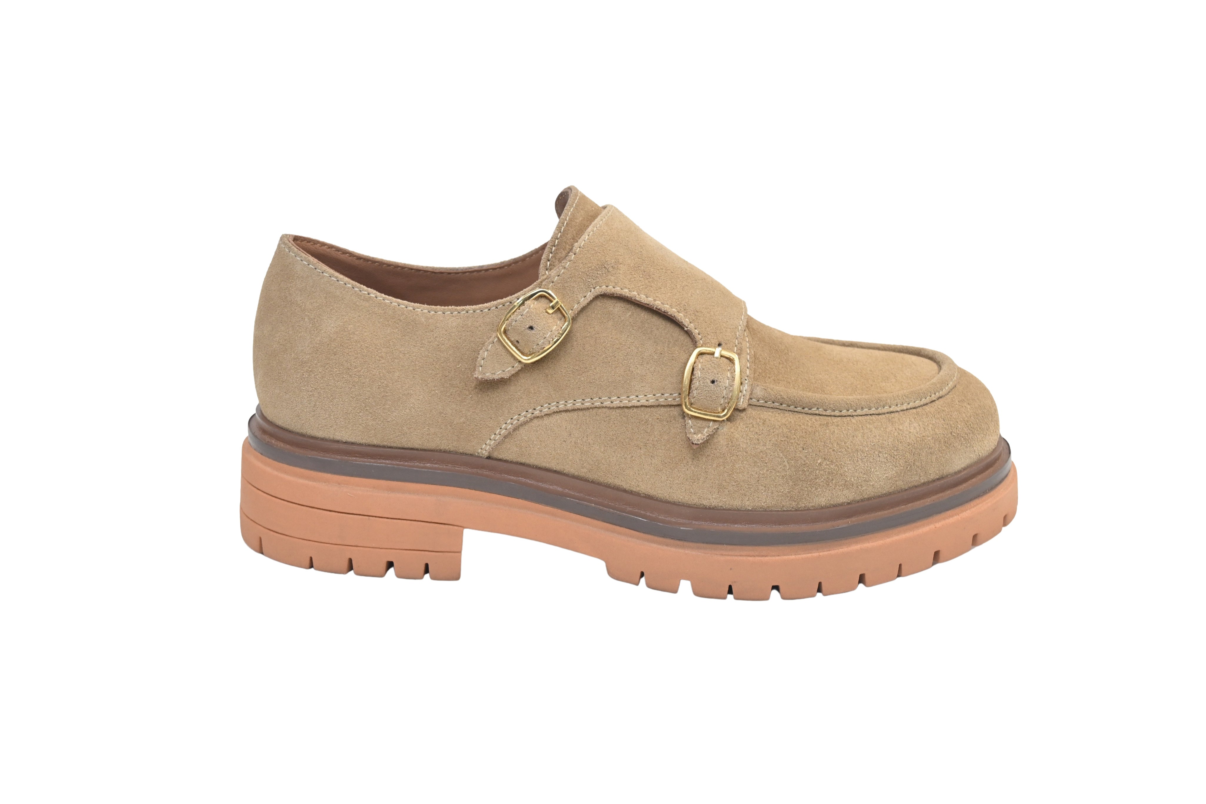 Emanuelle Vee Indira women's moccasins in neutral beige with stitched detailing and comfortable slip-on design.