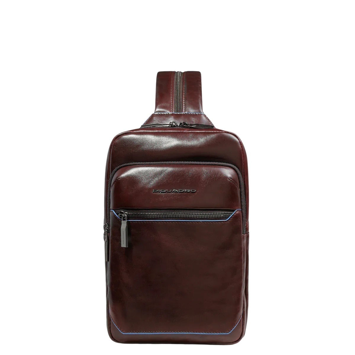 Piquadro Monospalla men's shoulder bag in black with leather accents, featuring multiple compartments and adjustable strap.