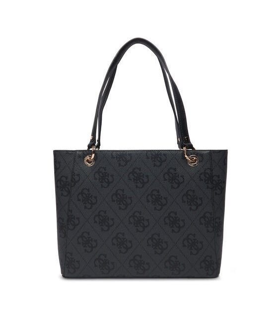 Guess Noelle II Tote in black with gold accents, featuring spacious interior and dual handles for shopping and everyday use.