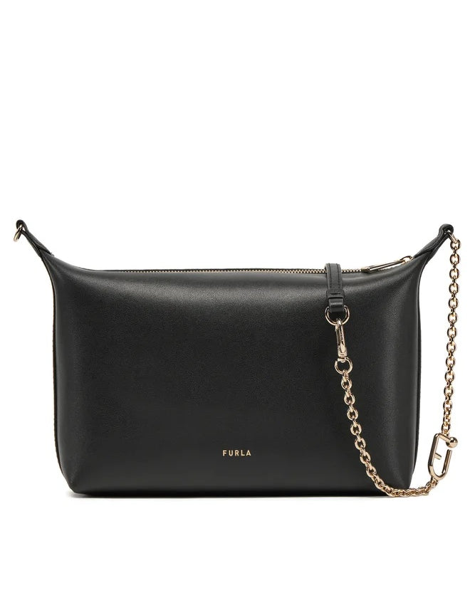 Mini crossbody Furla in pelle nera con manico a catena e chiusura con zip, elegante e pratica.