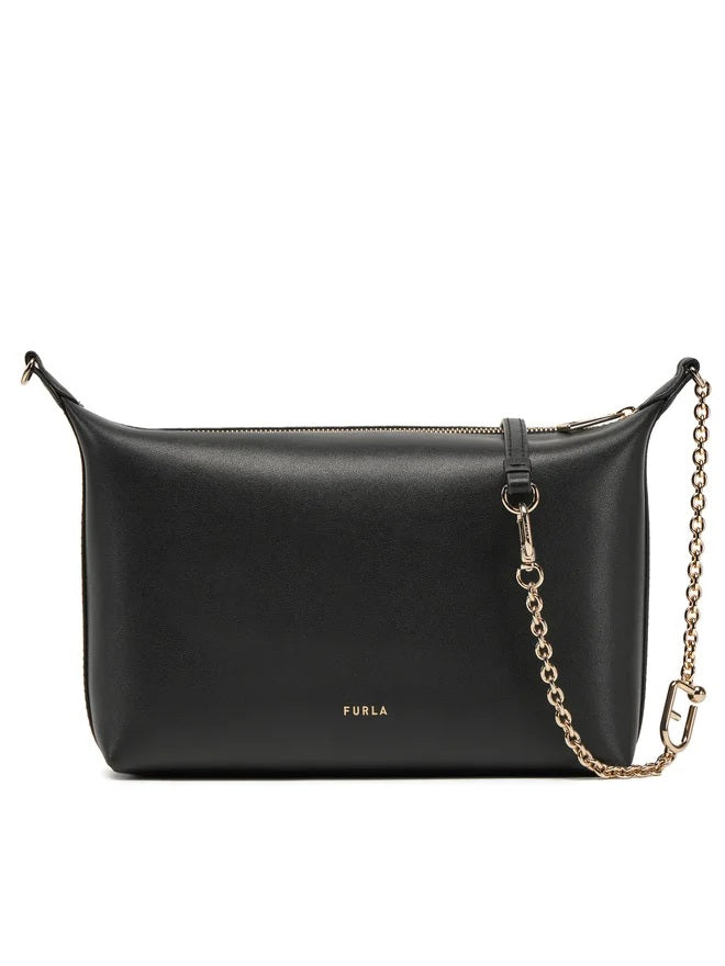 Mini crossbody Furla in pelle nera con manico a catena e chiusura con zip, elegante e pratica.