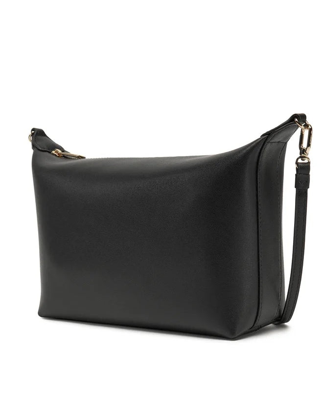 Borsa nera mini crossbody Furla con tracolla removibile e chiusura a zip, design elegante.