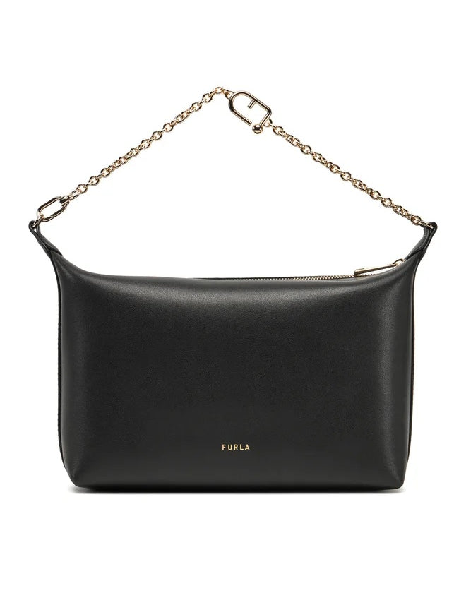 Borsa mini crossbody Furla nera con catena e chiusura zip, elegante e pratica per ogni occasione.