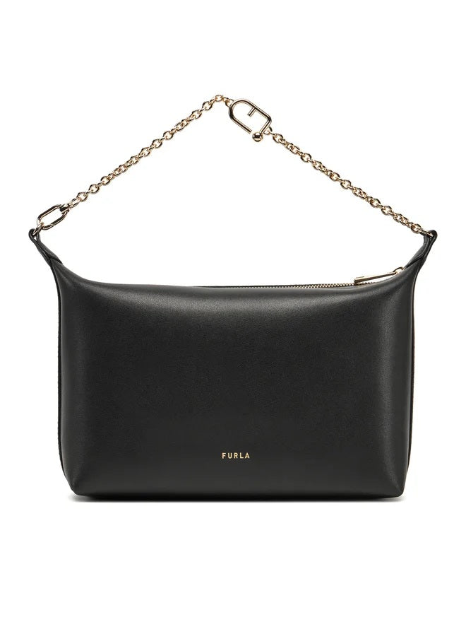 Borsa mini crossbody Furla nera con catena e chiusura zip, elegante e pratica per ogni occasione.