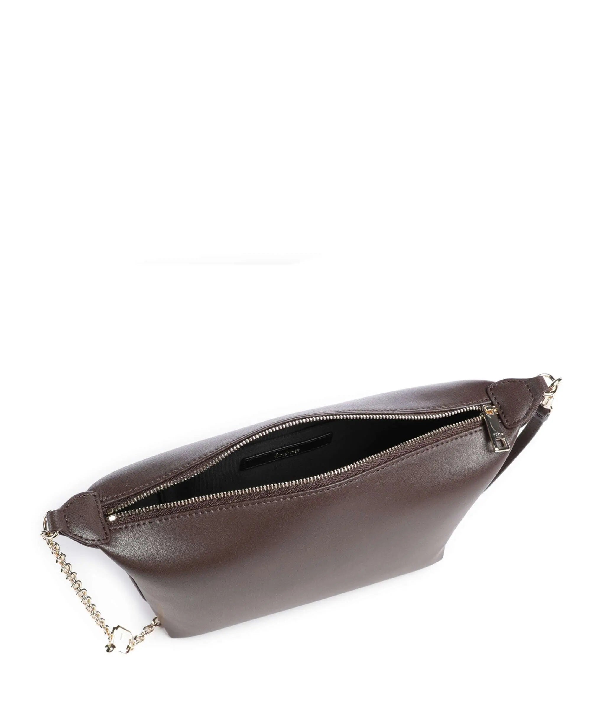 Borsa mini crossbody Furla in pelle marrone con chiusura a zip e manico a catena.