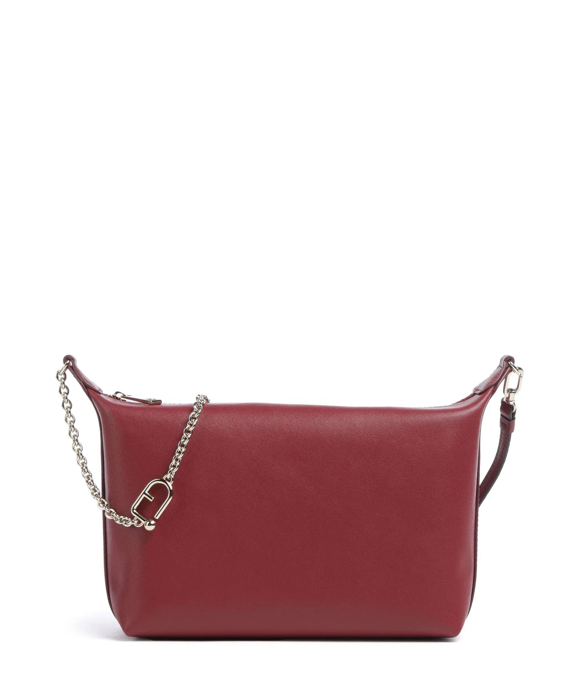 Mini crossbody Furla in pelle rossa con manico a catena e zip, elegante e funzionale.