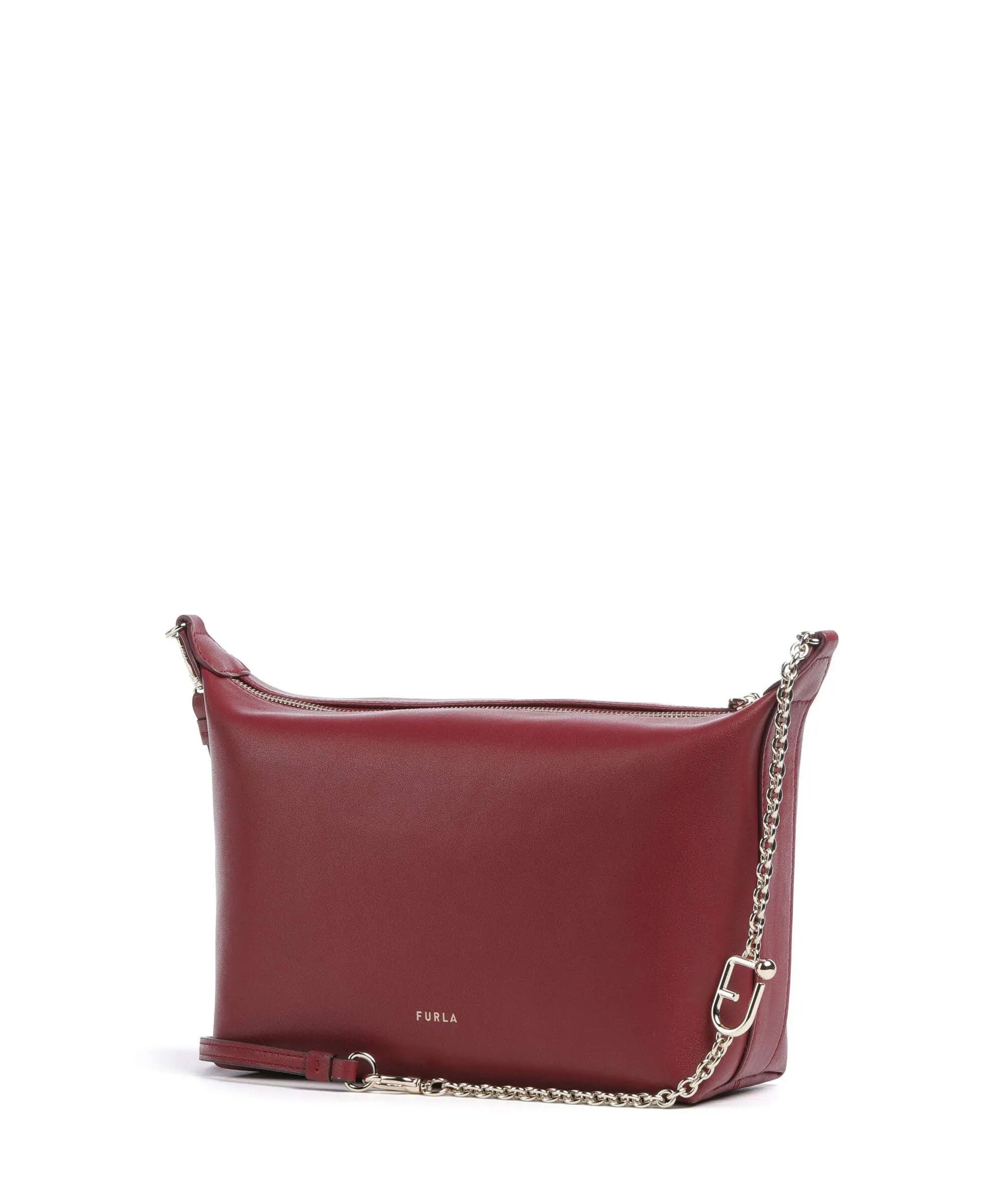 Mini crossbody Furla in pelle bordeaux con manico a catena e tracolla removibile, elegante e pratica.