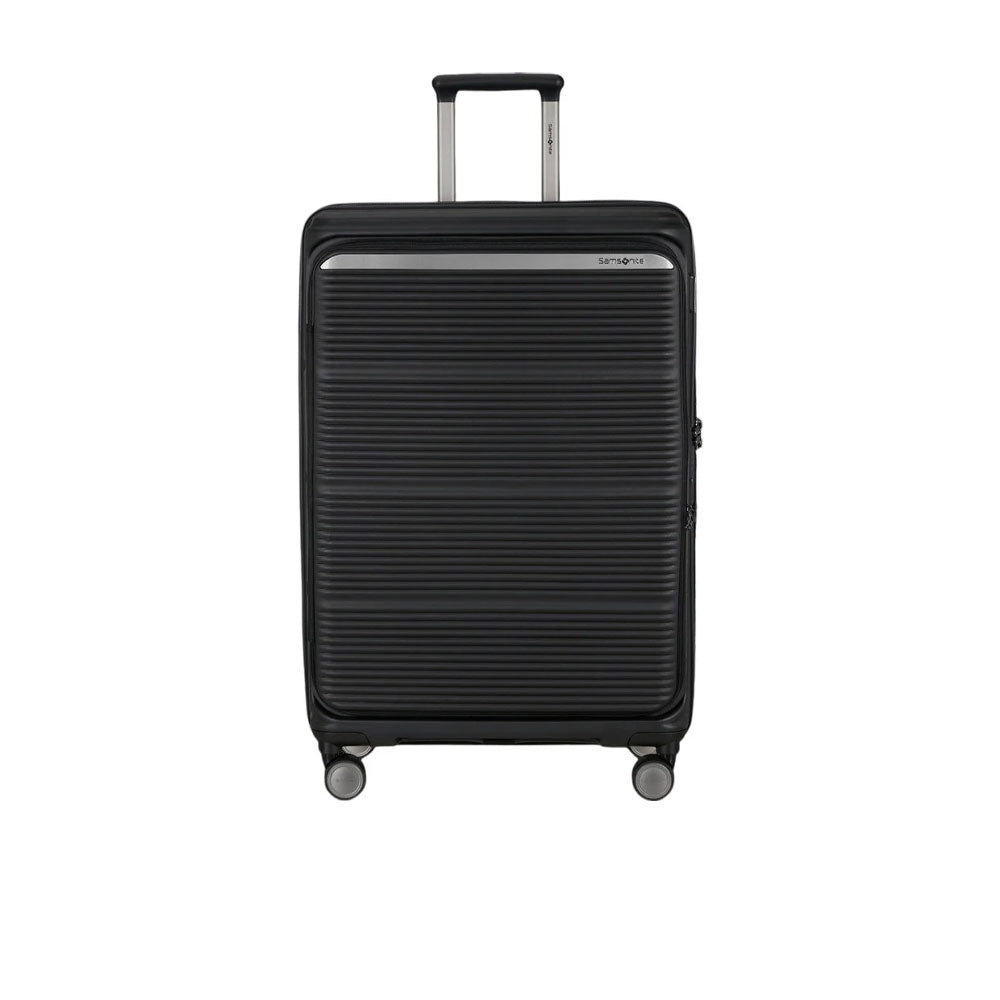 Large Samsonite Paralux trolley suitcase with hard shell and wheels, suitable for unisex travelers, designed for large travel accessories.