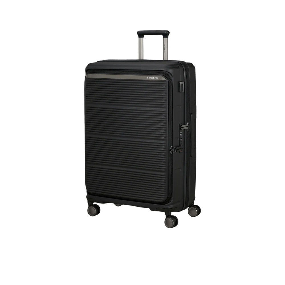 Large Samsonite Paralux trolley with sturdy handle and wheels, designed for unisex travel, large capacity, and durable construction.