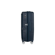 Large Samsonite Paralux trolley suitcase with four wheels and sturdy handle, designed for unisex travel and spacious packing.